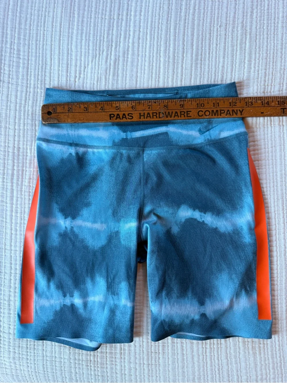 Nike Women's Blue Tie-Dye Bike Shorts with Orange Side Stripes